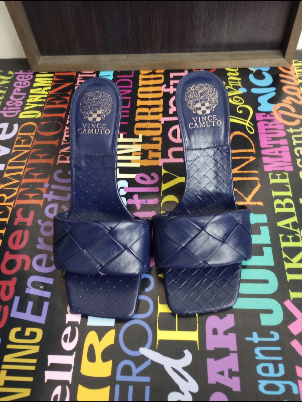 Vince Camuto Navy Braided Leather Slide Mules!.